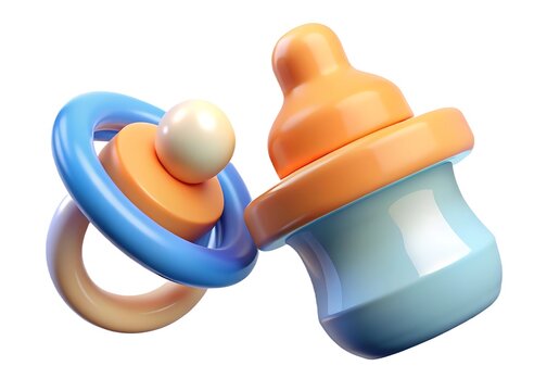 Stylized 3d rendering of a baby pacifier and feeding bottle with a smooth glossy finish on a white background
