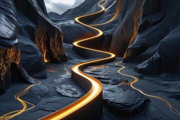 Poster - Amber Light Trails on Obsidian Background in Advanced Technology Design