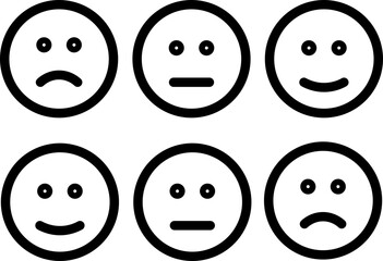 Poster - Sad face, neutral face, and happy face emoticons in black outline, arranged in two rows, simple style, expressing different emotions, suitable for mood tracking or feedback forms