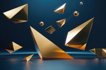 Poster - Golden Geometric Shapes Floating Against a Midnight Blue Background in Contemporary Technology Visualization