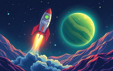 esg investing strategies concept. rocket launching towards a vibrant planet in a cosmic landscape.