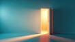 © Generative AI - Modern open door emitting warm bright light into a dark empty room interior.