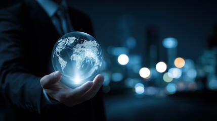 Poster - Businessperson Holding Glowing Digital Globe with City Lights in Background at Night.