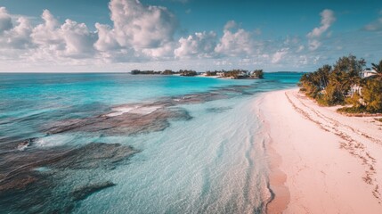 Aufkleber - Vibrant tropical beach with turquoise waters clear sky shoreline palm trees and sandy coast under sunny weather.