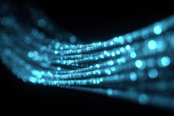 Poster - Abstract digital data stream of glowing blue particles flowing through dark background.