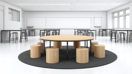 Poster - Bright modern classroom with central round table wooden stools and large whiteboards.