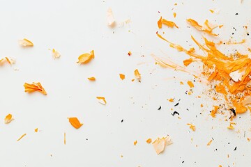 Poster - Orange pencil shavings scattered on white surface