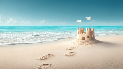 Poster - Sunset Beach Scene with Sandcastle Tower and Gentle Waves under Clear Sky.