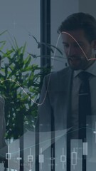 Poster - Statistical data processing against caucasian businessman and businesswoman discussing at office