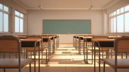Poster - Bright empty classroom with desks and chalkboard illuminated by natural light.