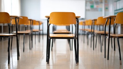 Poster - Empty classroom with rows of wooden chairs and desks in bright educational setting.