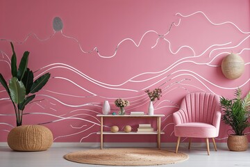 Poster - Charming Pink Background with Fun Silver Line Pattern