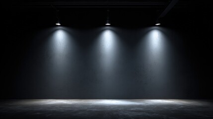 Poster - Empty dark room with spotlight illumination on wall, minimalistic interior space.