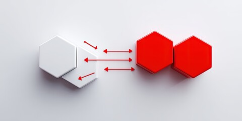 Poster - Two sets of hexagonal blocks one white and one red connected with arrows illustrating exchange.
