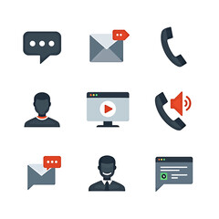Poster - Collection of nine modern flat design icons representing communication methods such as messaging, email, phone calls, video, and user profiles, ideal for websites and applications.