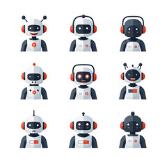 Aufkleber - Collection of nine unique robot avatars, each with distinct features and expressions, ideal for websites, apps, and digital projects needing friendly, futuristic characters.