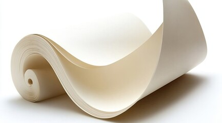 Poster - Rolled paper sheet, cream color, flowing curves, against white background