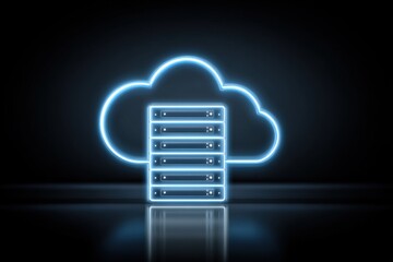 Poster - Neon Cloud With Data Server Icon Representing Cloud Computing and Data Storage.