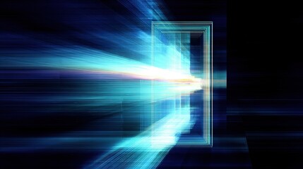 Poster - Abstract digital light tunnel with vibrant blue and teal motion streaks and glowing portal.