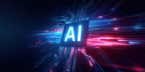 Poster - Futuristic AI Circuit Board with Neon Light Effects and Digital Data Streams.