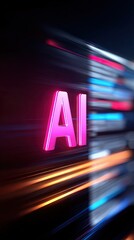 Poster - Vibrant neon AI text with dynamic light streaks representing technology and innovation.