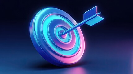 Poster - Neon illuminated arrow hitting target on glowing digital concentric circle background.