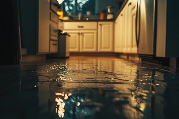 Low-angle view of a wet kitchen floor. Warm, diffused light from kitchen cabinets illuminates the room