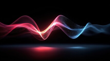 Poster - Vibrant glowing wave spectrum with colorful flowing light particles on black background.