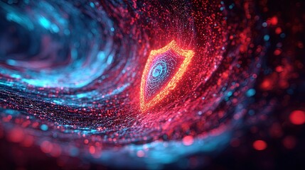 Leinwandbilder - Vibrant glowing shield surrounded by swirling colorful particles in abstract cosmic scene.
