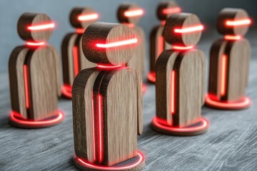 Poster - Wooden figures with red glowing lines on heads, standing in a row