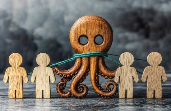 Wooden figures tethered to a wooden octopus