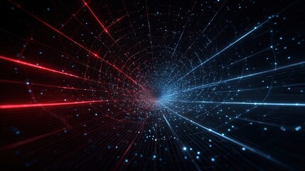 Poster - Dynamic futuristic digital data stream with red and blue light trails in space.