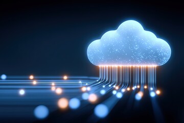 Poster - Digital Cloud Technology Concept with Data Streams and Nanoscale Light Effects.
