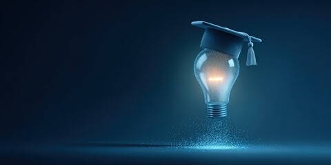 Poster - Creative digital illustration of a glowing lightbulb with graduation cap on dark background.
