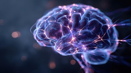 Poster - Highly detailed digital illustration of a human brain with glowing electric neural pathways.
