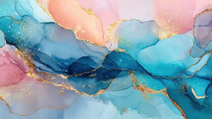Poster - Abstract watercolor art with flowing blue pink and gold accents creating a vibrant background.
