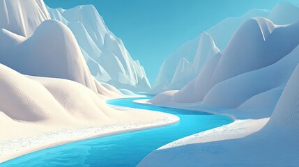 Poster - Beautiful Cold Arctic Landscape with Calm Blue River Flowing Through Snow Covered Mountains.