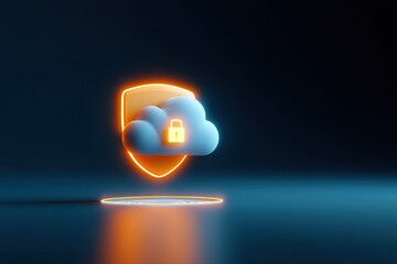 Poster - Futuristic cloud security protection with glowing shield and padlock icon design.