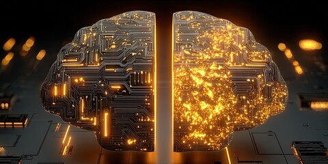 Poster - Highly Detailed Digital Brain Illustration with Circuitry and Glowing Data Points.