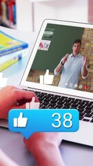 Poster - Animation of media icon over caucasian woman having video call with caucasian colleague