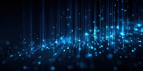 Poster - Vibrant blue digital light streaks and glowing particles creating high tech background.