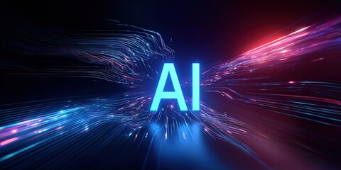 Poster - Vibrant AI Concept Illustration with Dynamic Digital Data Flow and Light Effects.