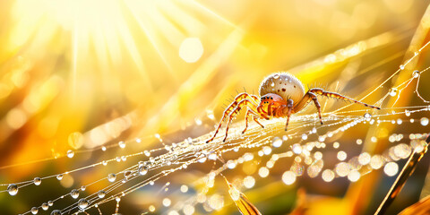 magical macro of a spider on a sparkling web at sunrise with a bokeh background.