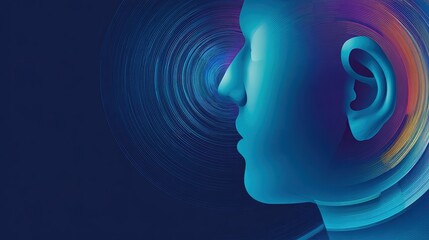 Poster - Futuristic digital abstract of human face profile with colorful neon circles and swirls.