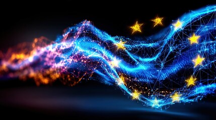 Poster - Dynamic abstract of interconnected glowing blue and orange waves with stars on black background.