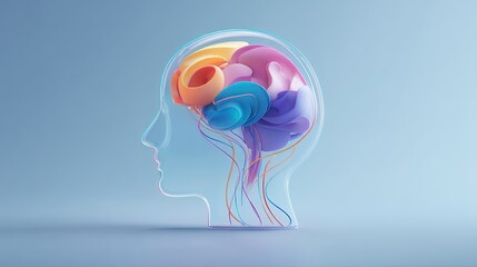 Poster - Artistic digital illustration of a human head silhouette with colorful abstract brain design.