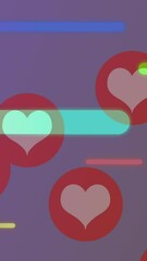 Poster - Animation of social media reactions floating over colorful lines on violet background