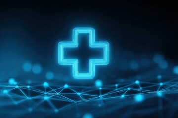 Poster - Futuristic Neon Medical Cross Icon with Digital Network Background for Healthcare.