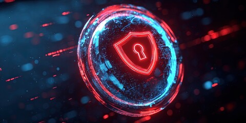 Poster - futuristic digital security shield with glowing lock icon in vibrant neon blue and red light.