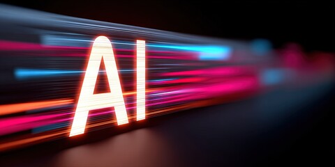Poster - Futuristic AI Technology Concept with Bright Neon Light and Motion Blur Effect.